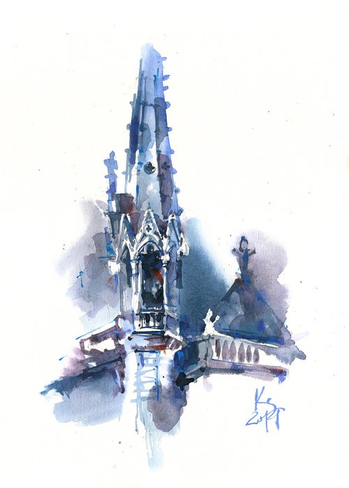 "The Gothic Tower of Notre Dame Cathedral" watercolour sketch by Ksenia Selianko