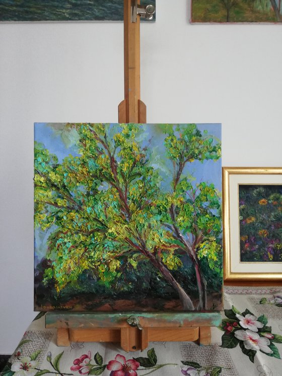 Mimosa Yellow Blooming Tree Palette Knife Heavy Textured Small 16x16 in. (40x40 cm)