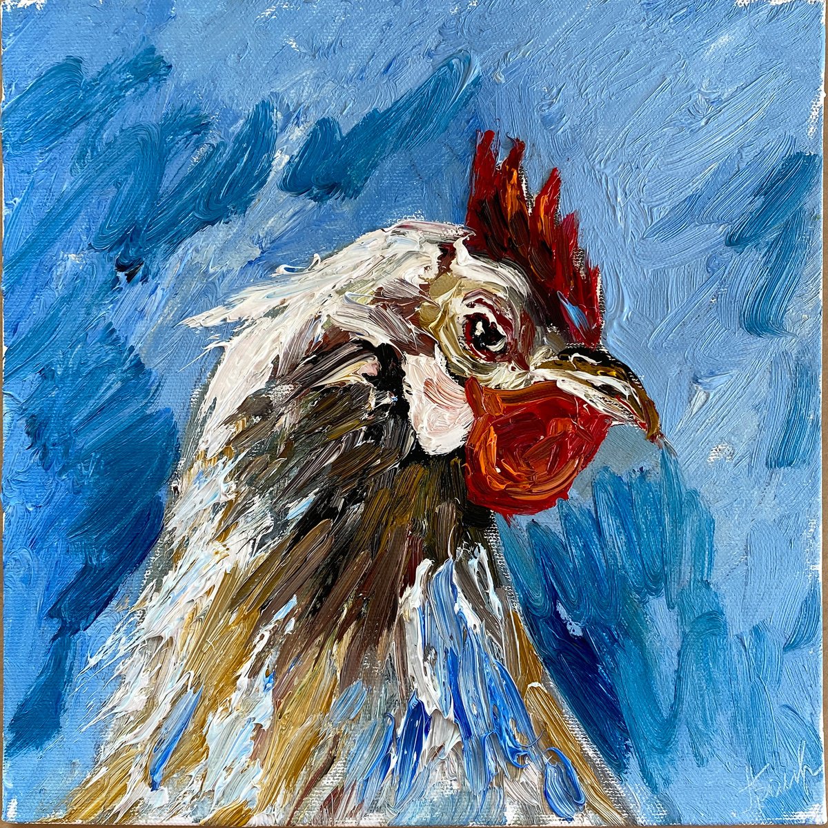 Impressionistic Animal Oil Painting By Oksana Fedorova, 10 X 10", Domestic Chicken Portrait, Original Artwork