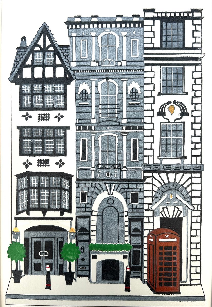 Illustrative Cityscapes Linocut By Nathalie Pymm Art, 8 X 12", Red Telephone Box, Original Artwork