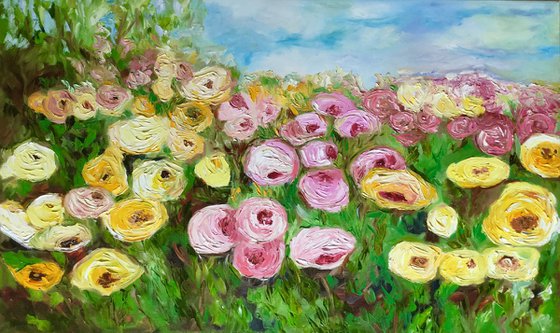 Large size WHITE PINK YELLOW PURPLE  ROSES in a Greenwich rose garden palette  knife modern still life  flowers office home decor gift