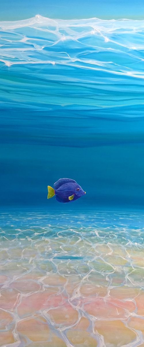 Gloriously Free Under the Sea - an underwater painting with purple tang fish by Gill Bustamante