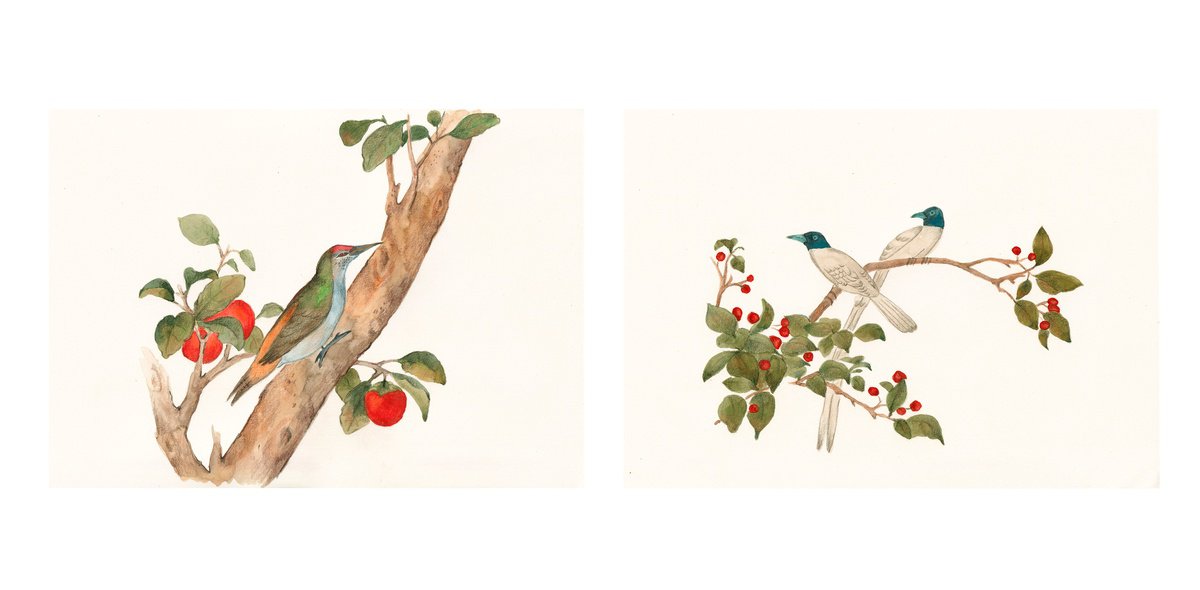 Impressionistic Animal Watercolour By Irina Anis, 8 X 12, Set Of 2 Songbirds On A Branch, Original Artwork