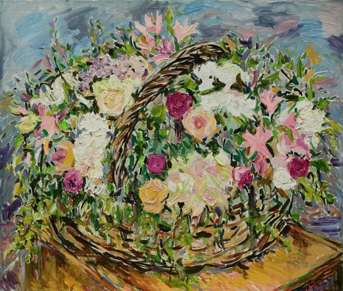 BASKET WITH FESTIVE BOUQUET - large floral art, orginal painting oil on canvas, still-life with flowers, Christmas gift 120x140 by Karakhan