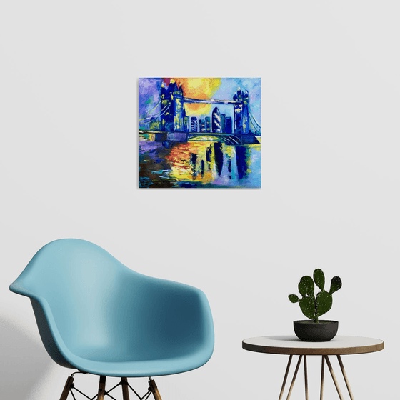 London night, Tower bridge, impressionism.City of London, River Thames, water reflections, sunset, palette knife painting,   variations of blue colours: ultramarine, navy blue, turquoise, sky blue, cobalt, palette knife original artwork.