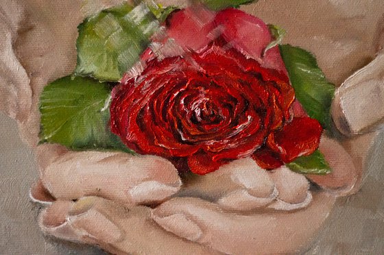 ''A gift for you''. Oil painting with rose.