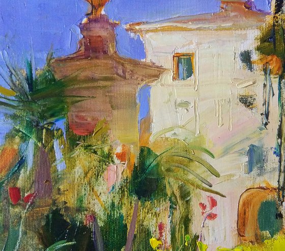 Sunny day in botanical garden. Rome . Italy . Original plein air oil painting .