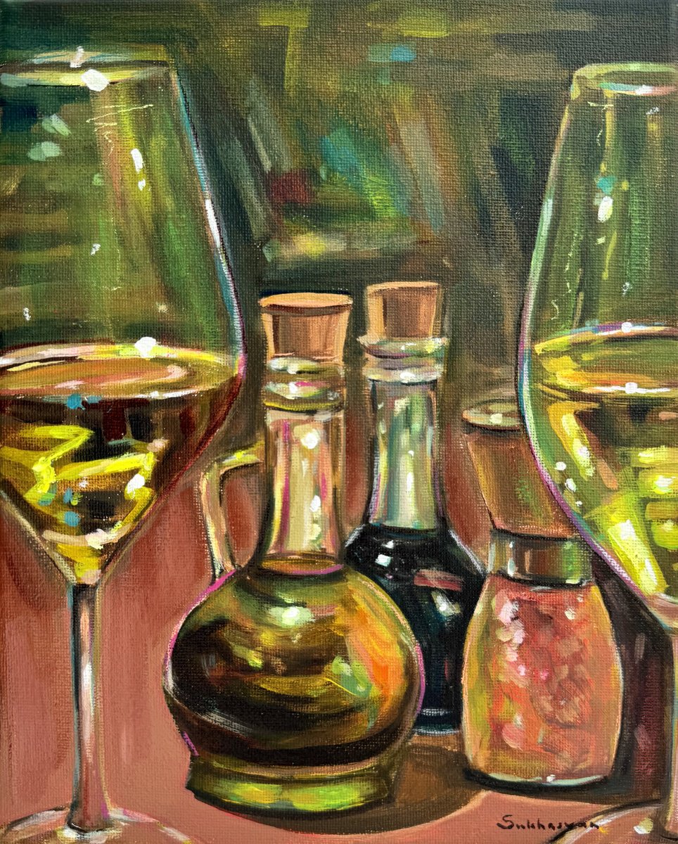 Impressionistic Still Life Acrylic Painting By Victoria Sukhasyan, 8 X 10", White Wine And Olive Oil, Original Artwork