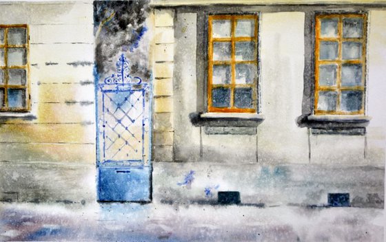 Blue gate and orange windows - original watercolor painting by Nenad Kojić