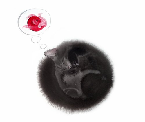 Black cat curled up in a ball and dream about goldfish by Olga Beliaeva Watercolour