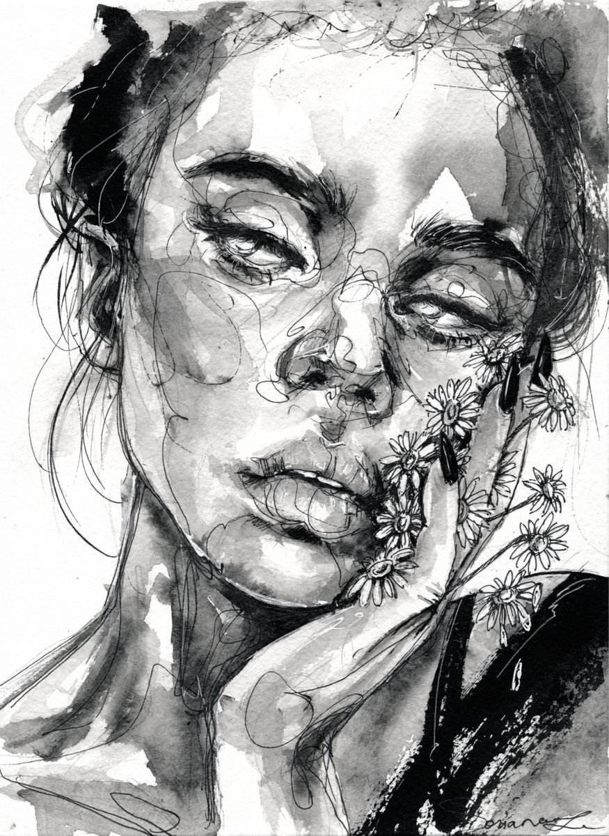 Expressive Portrait Ink Drawing By Doriana Popa, 7 X 9, Flowers, Original Artwork