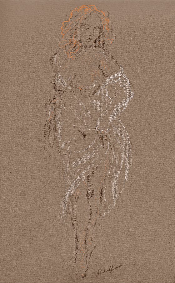 A topless woman in a white dress
