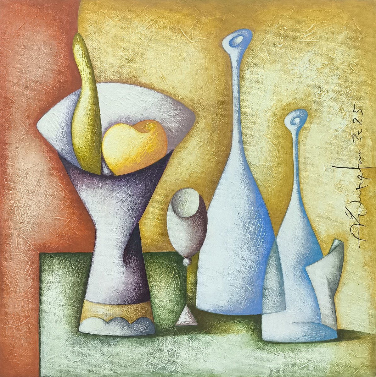 Naive Still Life Acrylic Painting By Sargis Zakarian, 16 X 16", Stylized Still Life, Original Artwork
