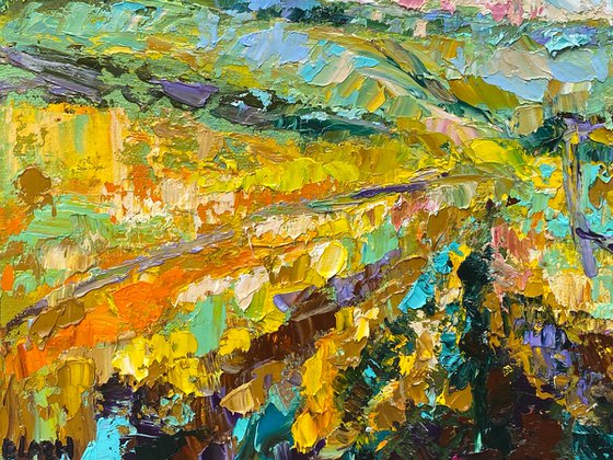 Fields - Yellow mood, 50*60 cm, impasto impressionistic landscape oil painting in yellow and blue colours