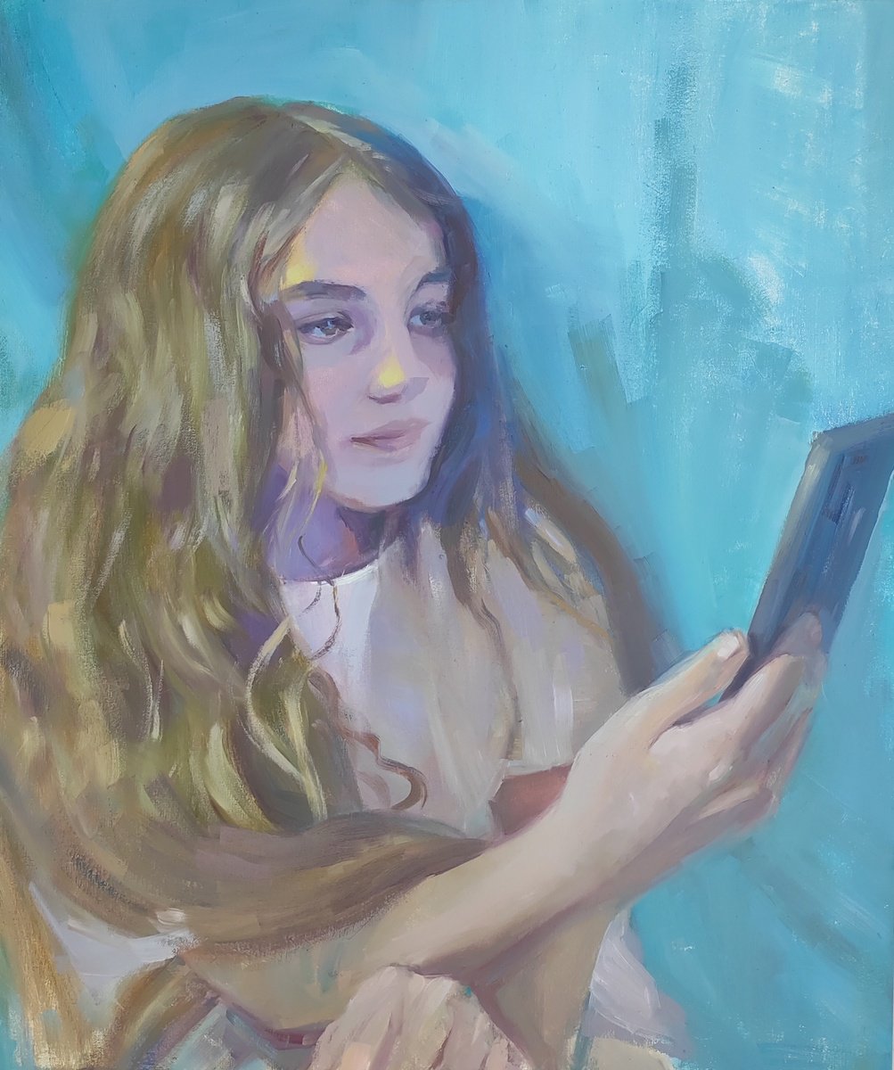 Photorealistic Portrait Oil Painting By Olga Onopko, 20 X 24", Girl With A Phone, Original Artwork