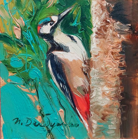 Black white red bird painting 4x4 original wall art decor, Woodpecker bird on tree green art gift housewarming