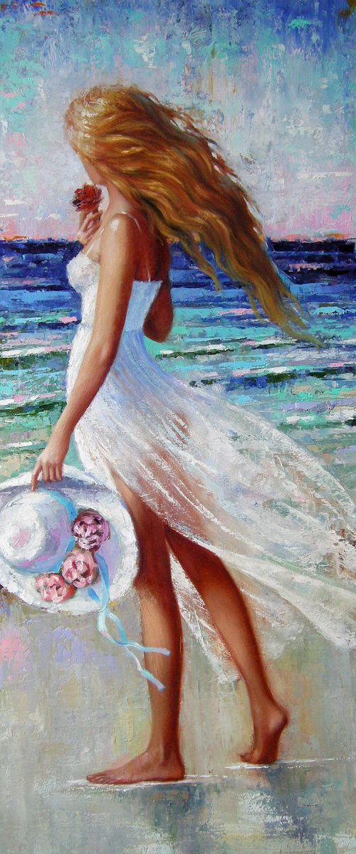 WARM DAYS (Artfinder Paintings for sale Wall art Canvas art Modern Urban Decor Home Gift idea Beautiful girl Summer Beach scene Oil Painting Portrait) by Yaroslav Sobol