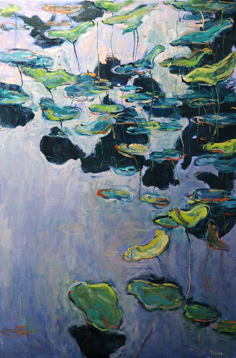 Impressionistic Landscape Oil Painting By Yuanyuan Liu, 24 X 35", Lotus Leaves, Original Artwork