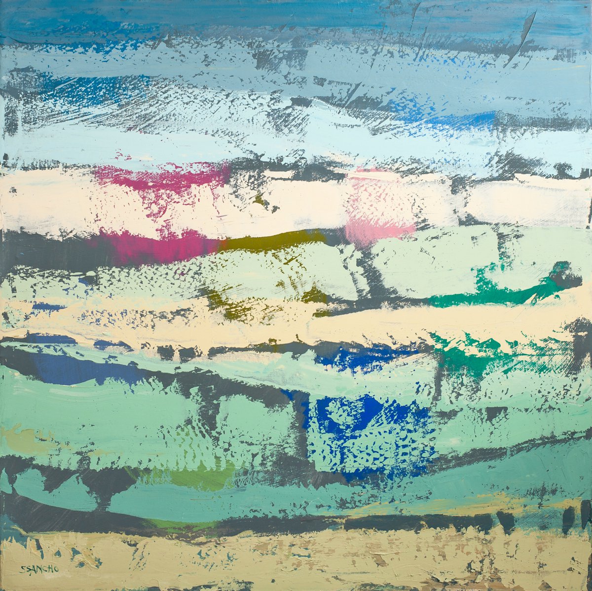 Abstract Landscape Acrylic Painting By Susana Sancho Beltran, 47 X 47", Emotional Seascape 13, Original Artwork