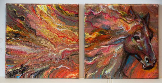 "Fire Horse " Original diptych mixed media miniature painting on canvas 40x20x,1,7cm.ready to hang.Buy 2 miniatures you get 3!