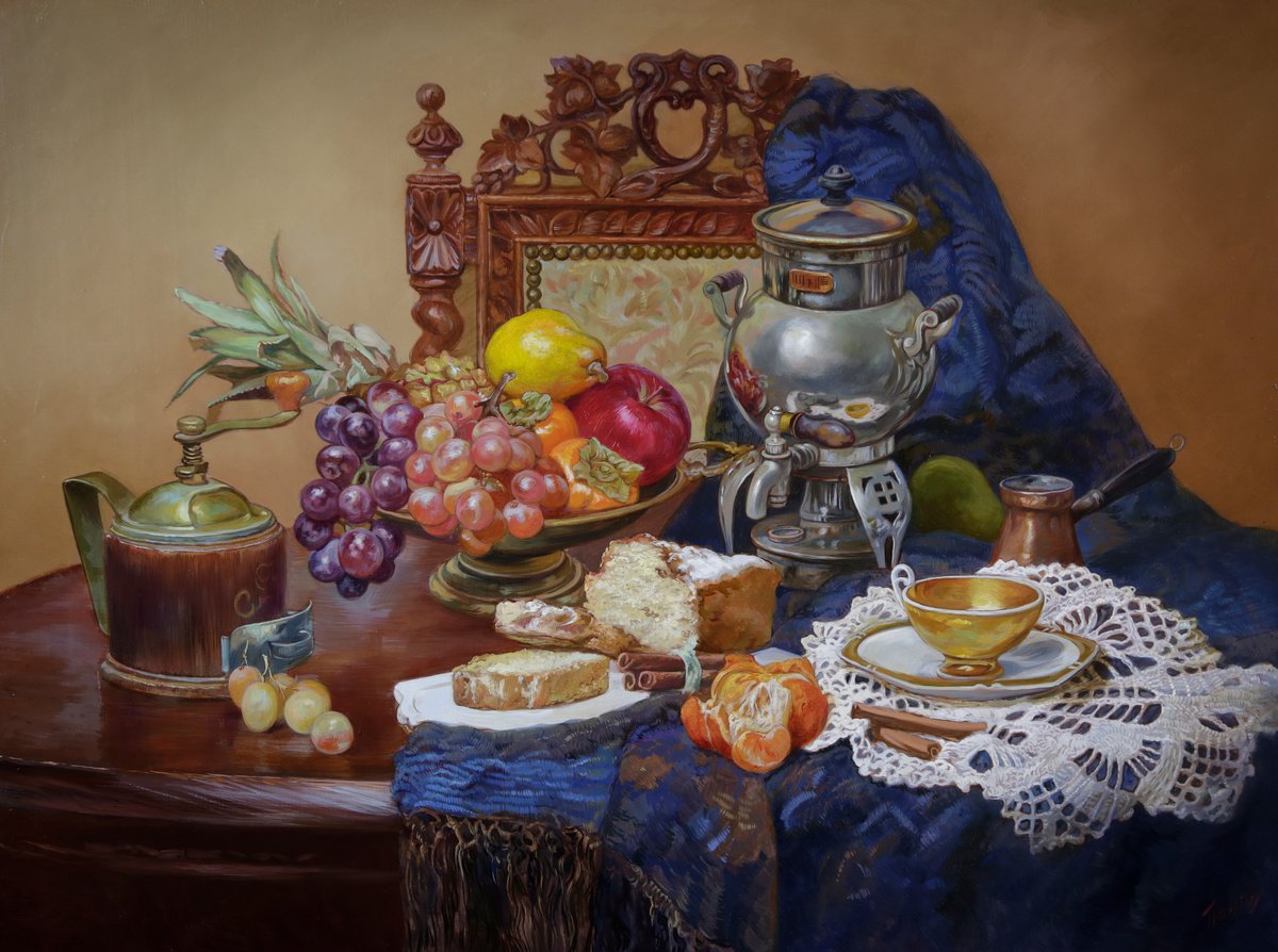 Still life with cake and coffe by Eduard Panov