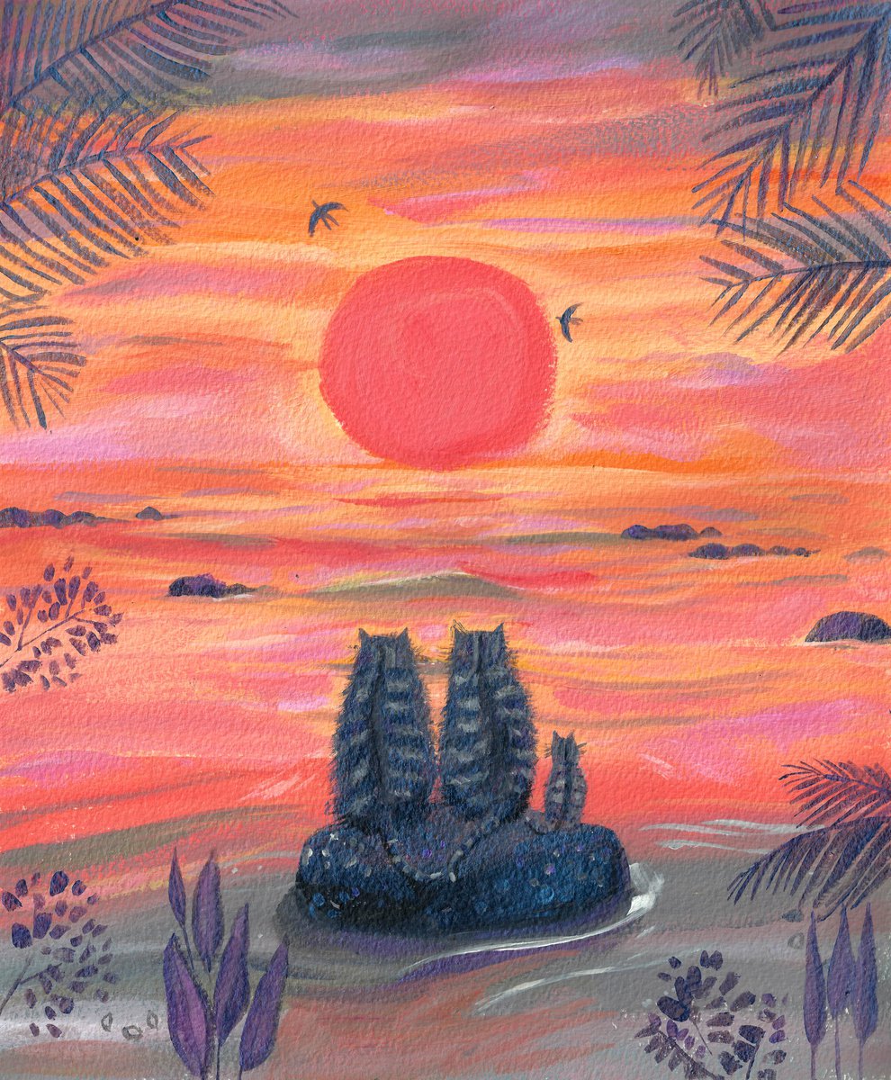 Naive Animal Acrylic Painting By Mary Stubberfield, 11 X 13", Love Cats At Sunset, Original Artwork