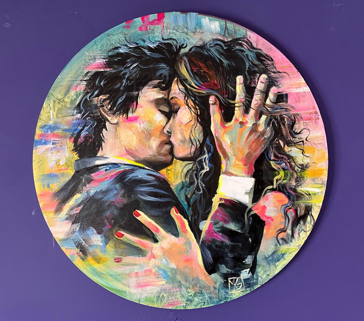 Expressive Portrait Acrylic Painting By Maria Kireev, 24 X 24", The Kiss, Original Artwork