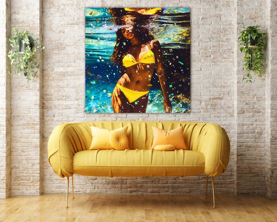 Beautiful black african american woman in a yellow bikini under water in the swimming pool, sea, ocean with blue turquoise color waves with bright sun glares. Female portrait artwork, sexy body figure woman. Positive relax holiday colorful wall art home decor