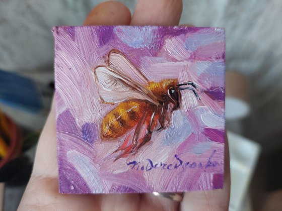 Bee artwork framed oil painting original 2x2, Mini Bee painting oil light purple, Honey bee wall art decor miniature