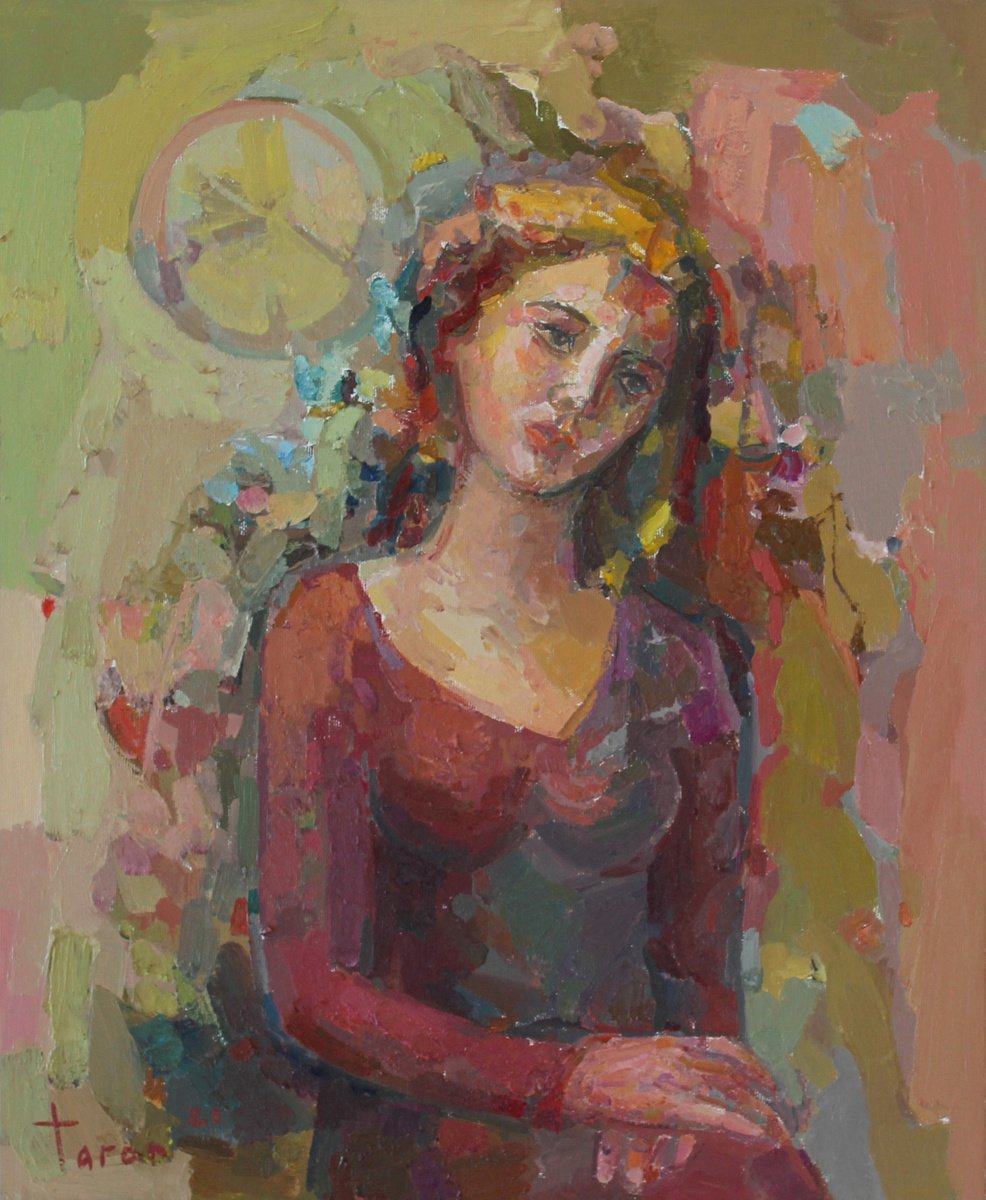 Abstract Portrait Oil Painting By Taron Khachatryan, 18 X 22", Dreamy Girl, Original Artwork