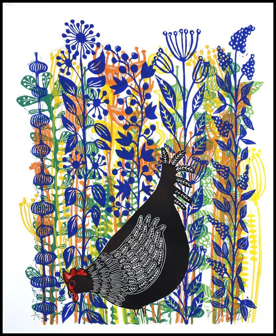 a Black hen in the Flowers