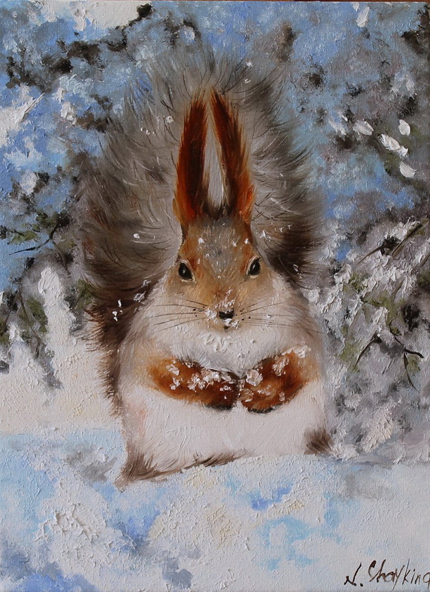 Impressionistic Animal Oil Painting By Natalia Shaykina, 7 X 9", Snowy Squirrel, Original Artwork