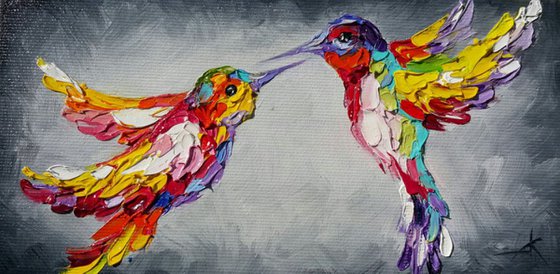 Reserved for Helen ''Hummingbirds'' - painting on canvas, animals oil painting, art bird, impressionism, palette knife, gift.