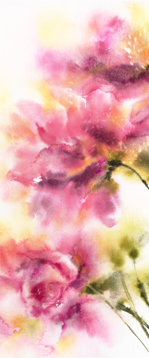 Pink flowers, abstract floral bouquet, watercolor by Olga Grigo