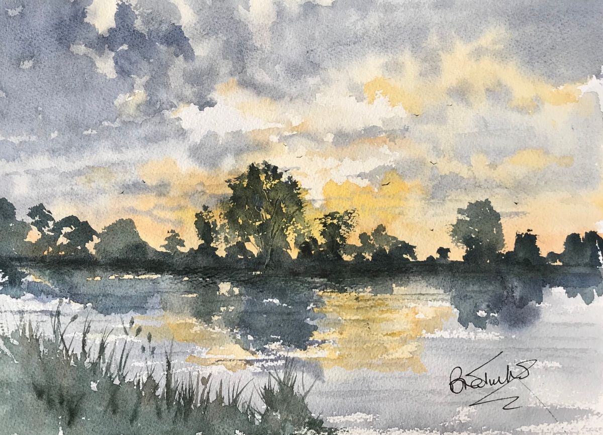 Impressionistic Landscape Watercolour By Brian Tucker, 14 X 10, Sunset On The Rhine, Original Artwork