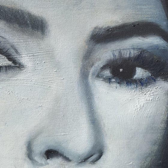 Kim kardashian | Beautiful model woman face portrait painted in oil on canvas framed painting grunge romantic black and white