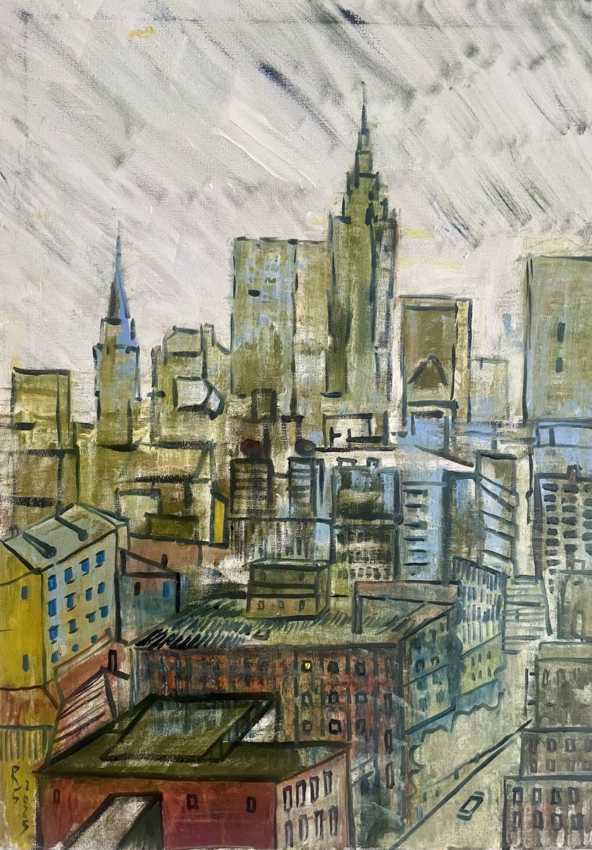 Urban And Pop Oil Painting , Grey Dance Of The Buildings. By Roman Sleptsuk, 20 X 28, Artwork For Sale On Artfinder