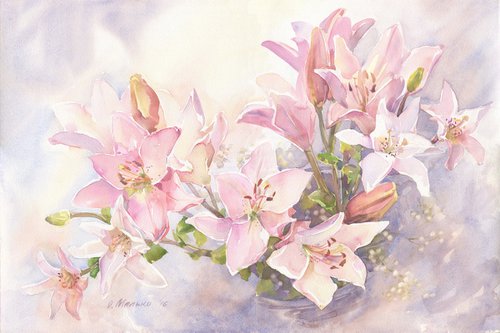 Evening lilies / ORIGINAL watercolor 22x15in (56x38cm) by Olha Malko