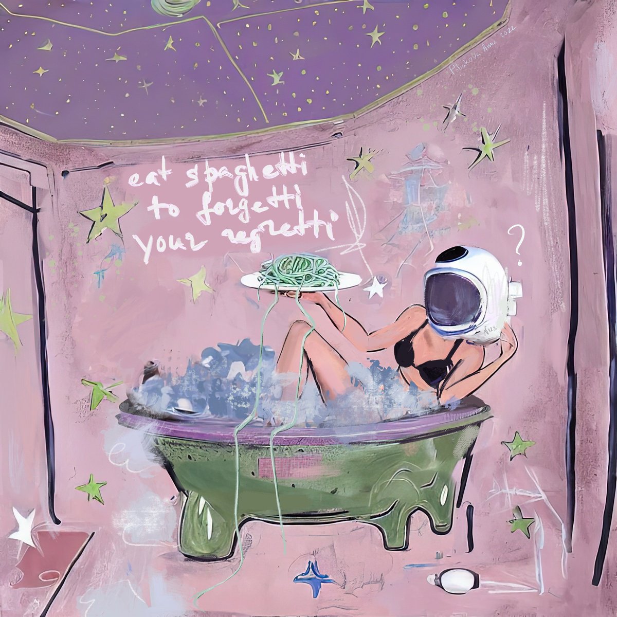 Eat spaghetti to forgetti your regretti - astronaut in bath by Anna Polani