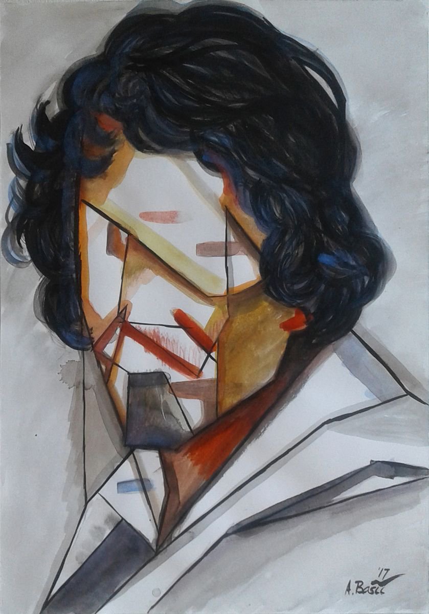 Geometric Portrait Painting By Aleksandar Basic, 12 X 17, Michelangelo Merisi Da Caravaggio, Original Artwork