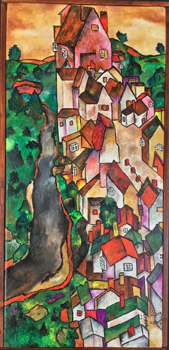 Naive Landscape Oil Painting By Jg Wilson, 8 X 16, Hilltop, Original Artwork