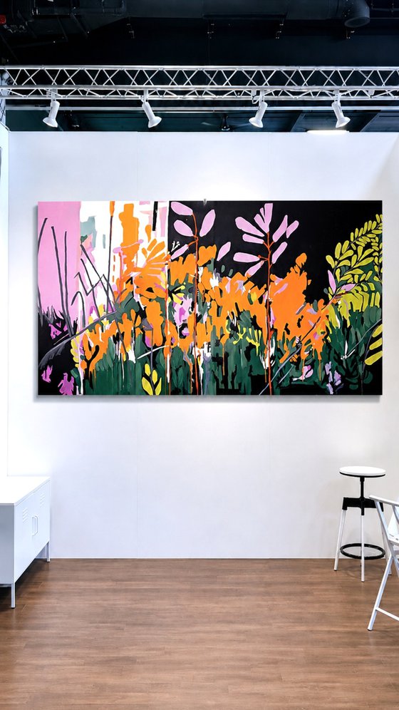 After the rain #3, orange pink black painting
