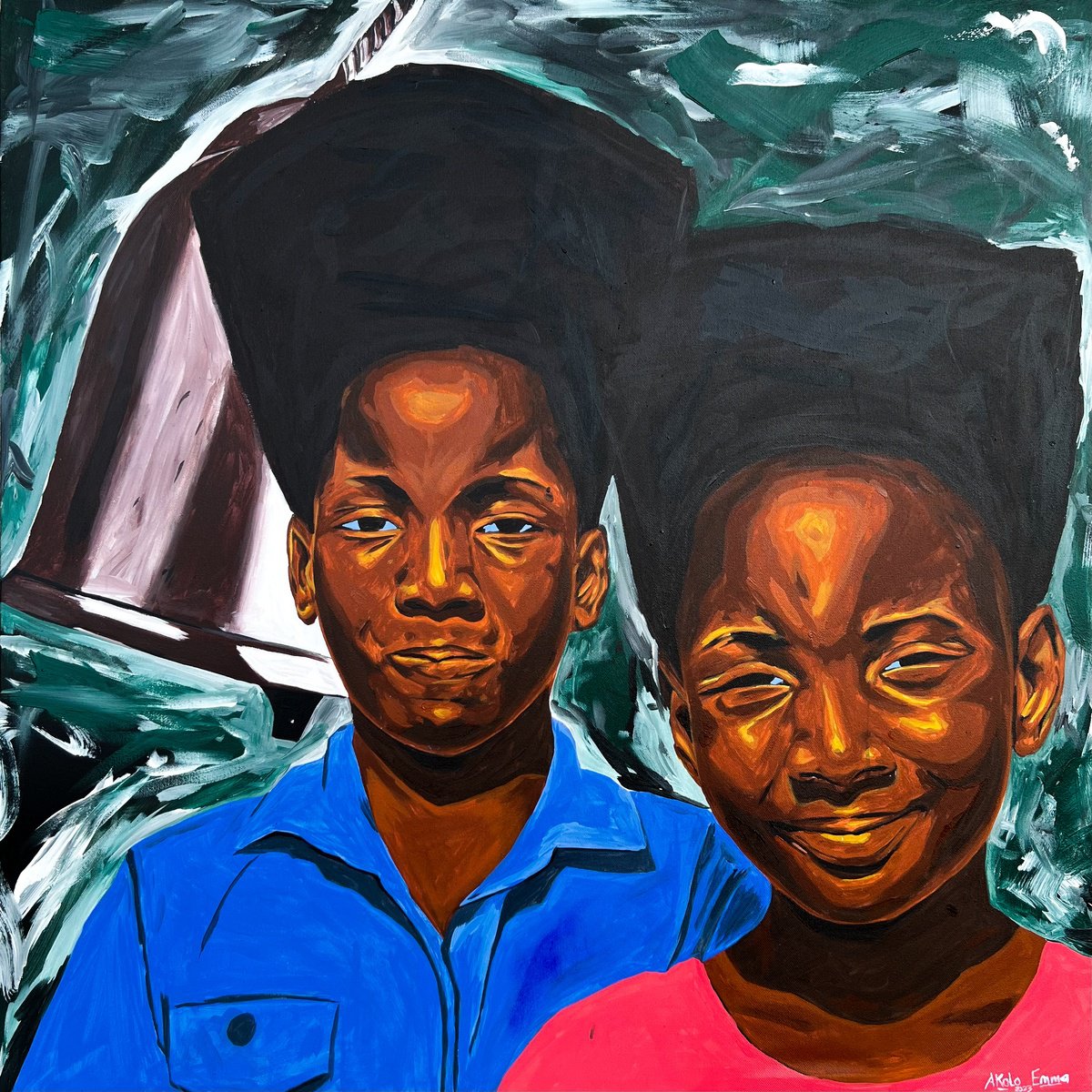 Afro Garcon Et Fille By Emmanuel Akolo, 36 X 36, Artwork For Sale On Artfinder