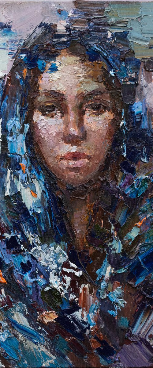Woman in Blue head scarf - Original oil painting by Anastasiia Valiulina
