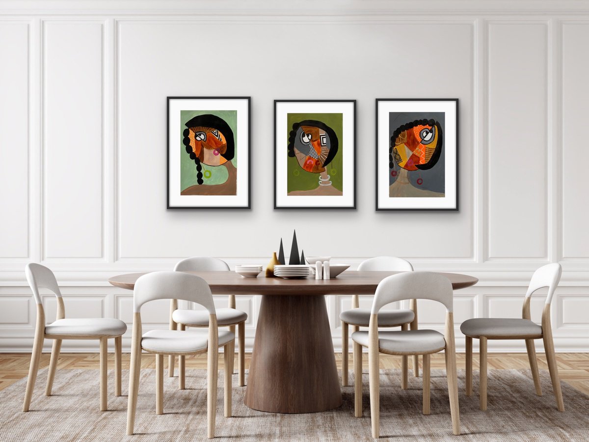 Abstract Portrait Acrylic Painting By Rashna Hackett, 15 X 22", Selfie 11,12,13 (Triptych), Original Artwork