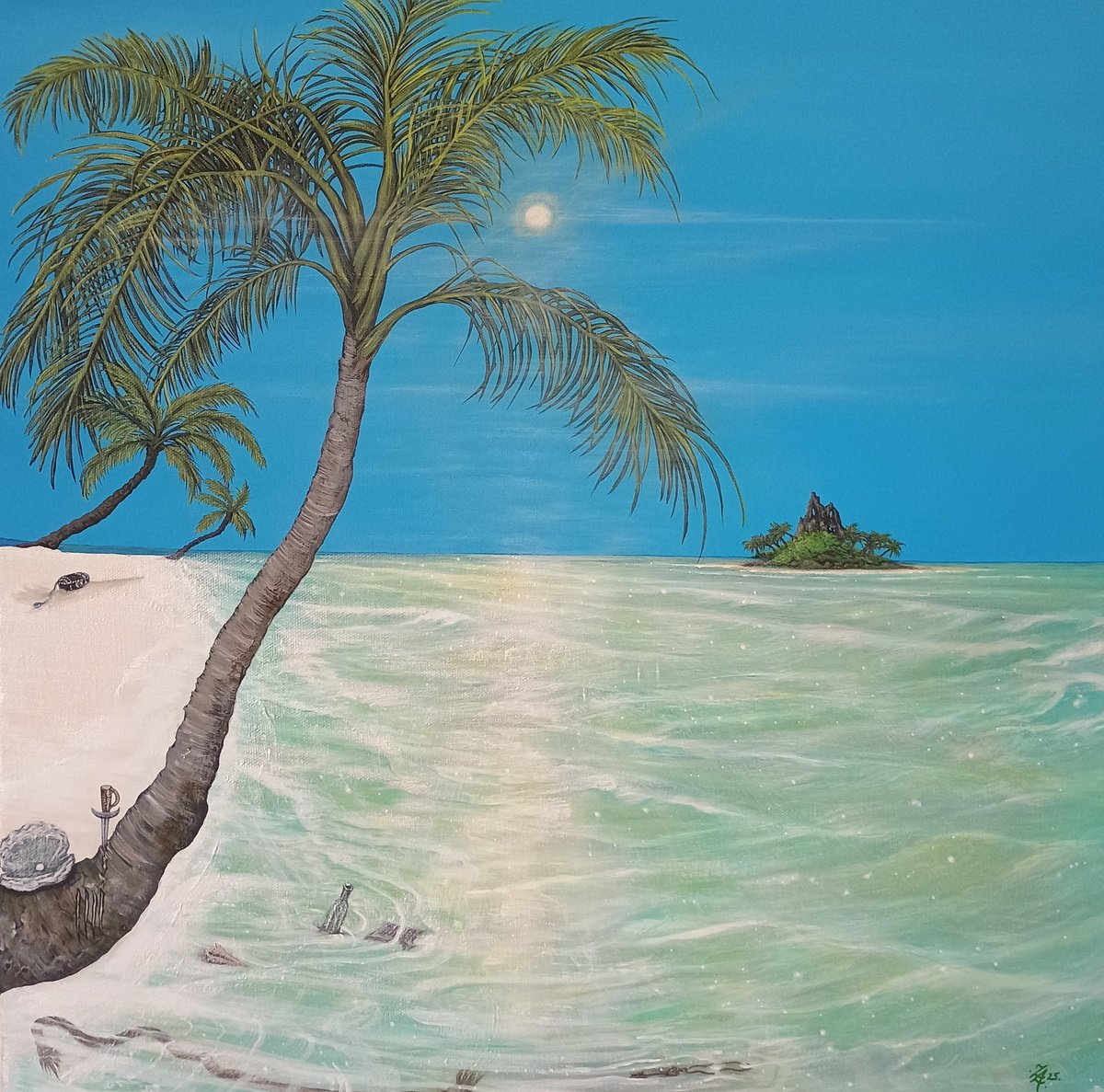 Landscape Acrylic Painting By Zoe Adams, 20 X 20", Escape From Pirate Island, Original Artwork