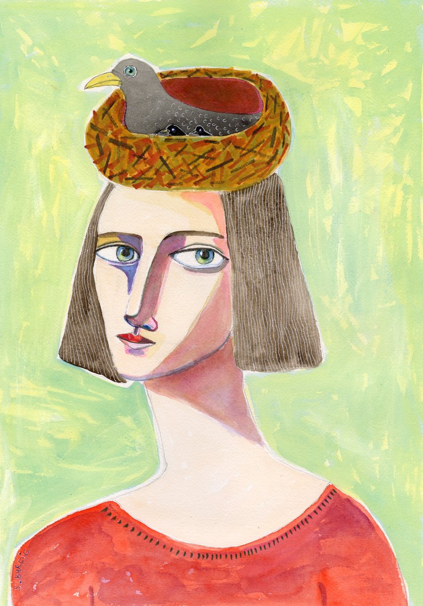 Bird Lover with Nest on Head by Sharyn Bursic