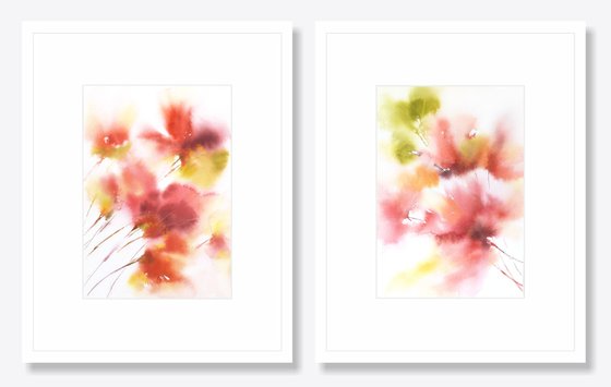 Red abstract flowers, floral set of 2