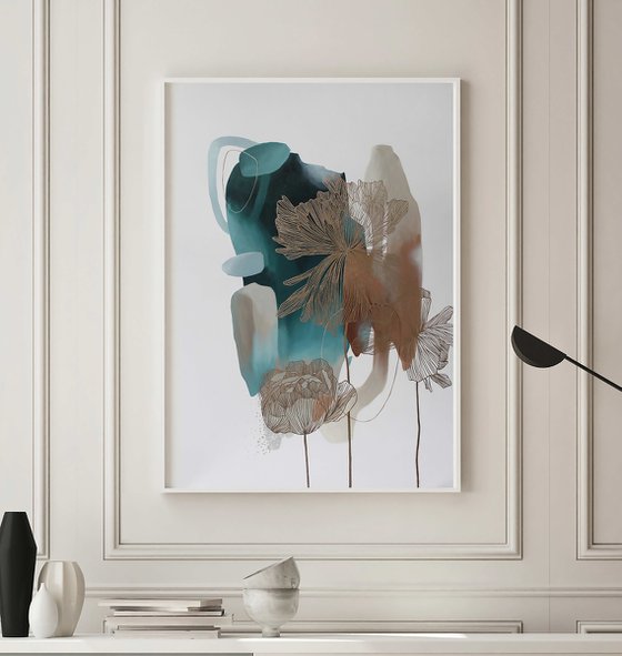 "Thincord 2" Abstract flower teal gold art