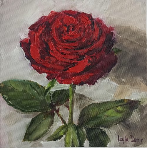 Red rose oil painting mini wall art 6x6" by Leyla Demir